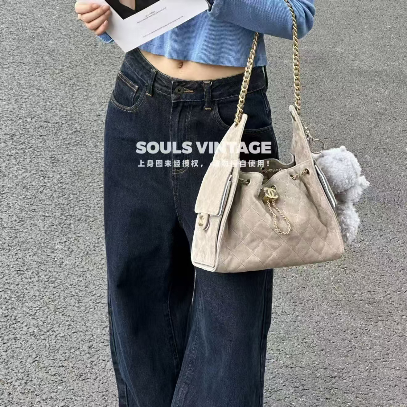 95新 Chanel/香奈儿 深灰色金扣麂皮拼牛皮 25bag 小号/656140086