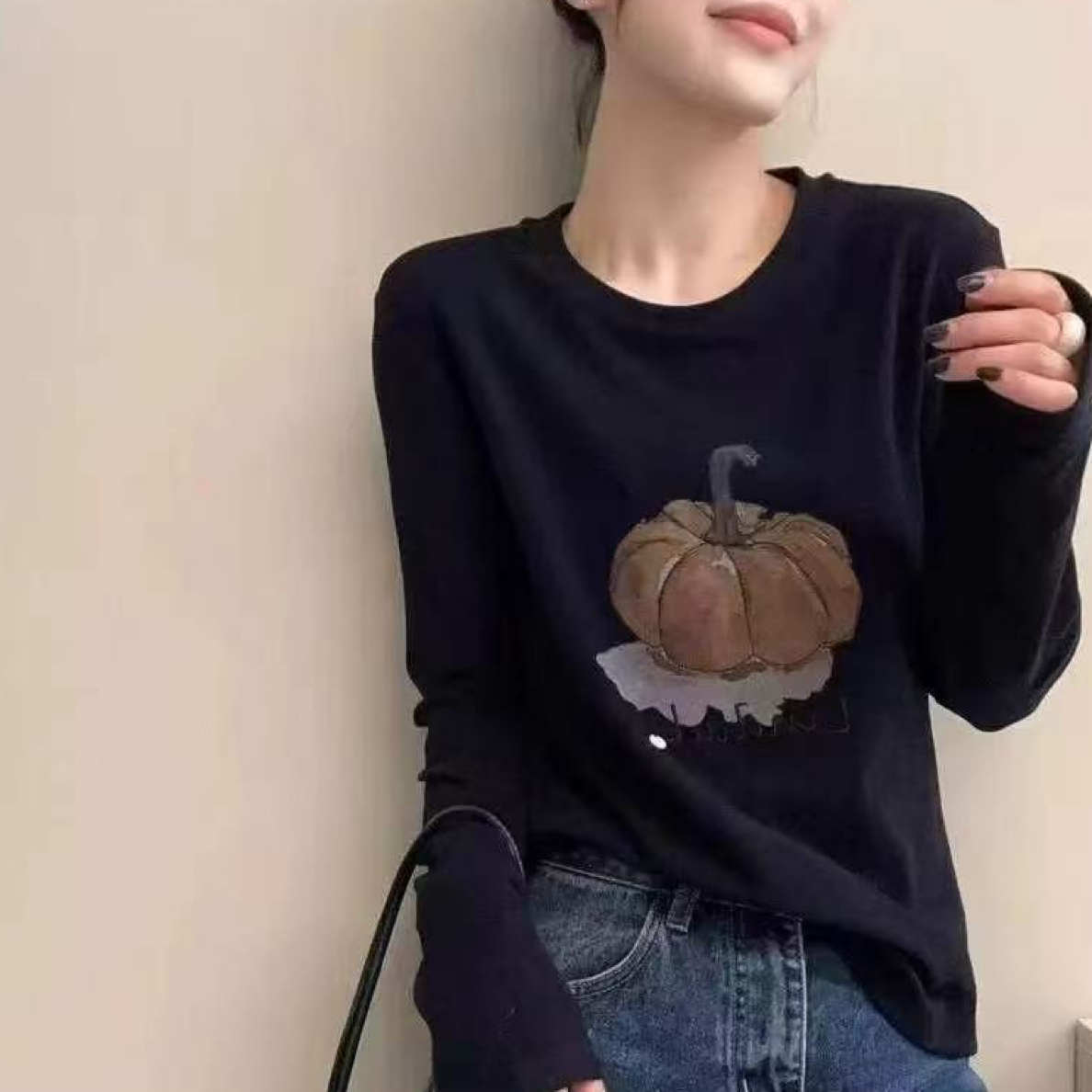 女修身型长袖拼接韩版卡通猫T恤套头印花ins针织休闲