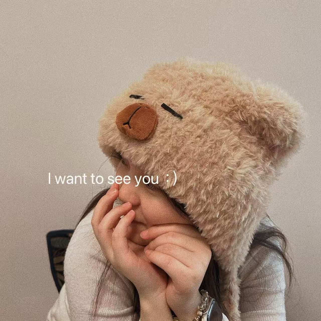 朝夕风物&定制纯手工卡皮巴拉小熊毛绒帽冬季加厚保暖护耳防寒帽