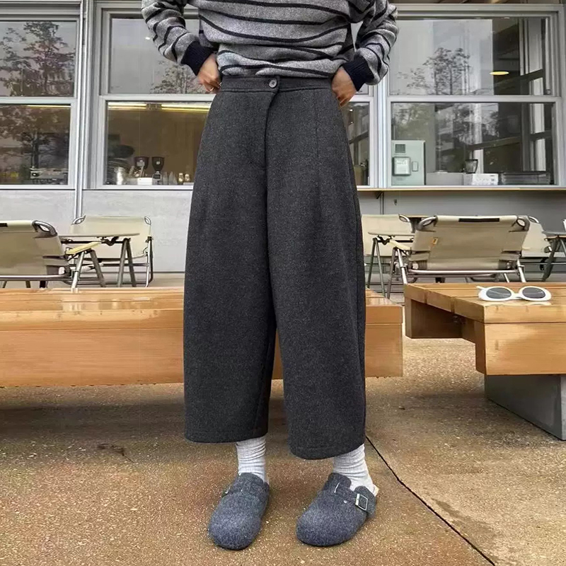 2025新款小个子显瘦女高腰加绒毛呢遮胯慵懒通勤阔腿奶奶裤潮8889