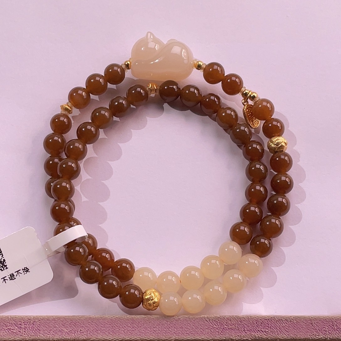 银S925镀金镶嵌手串和田玉新疆且末糖玉设计款双圈