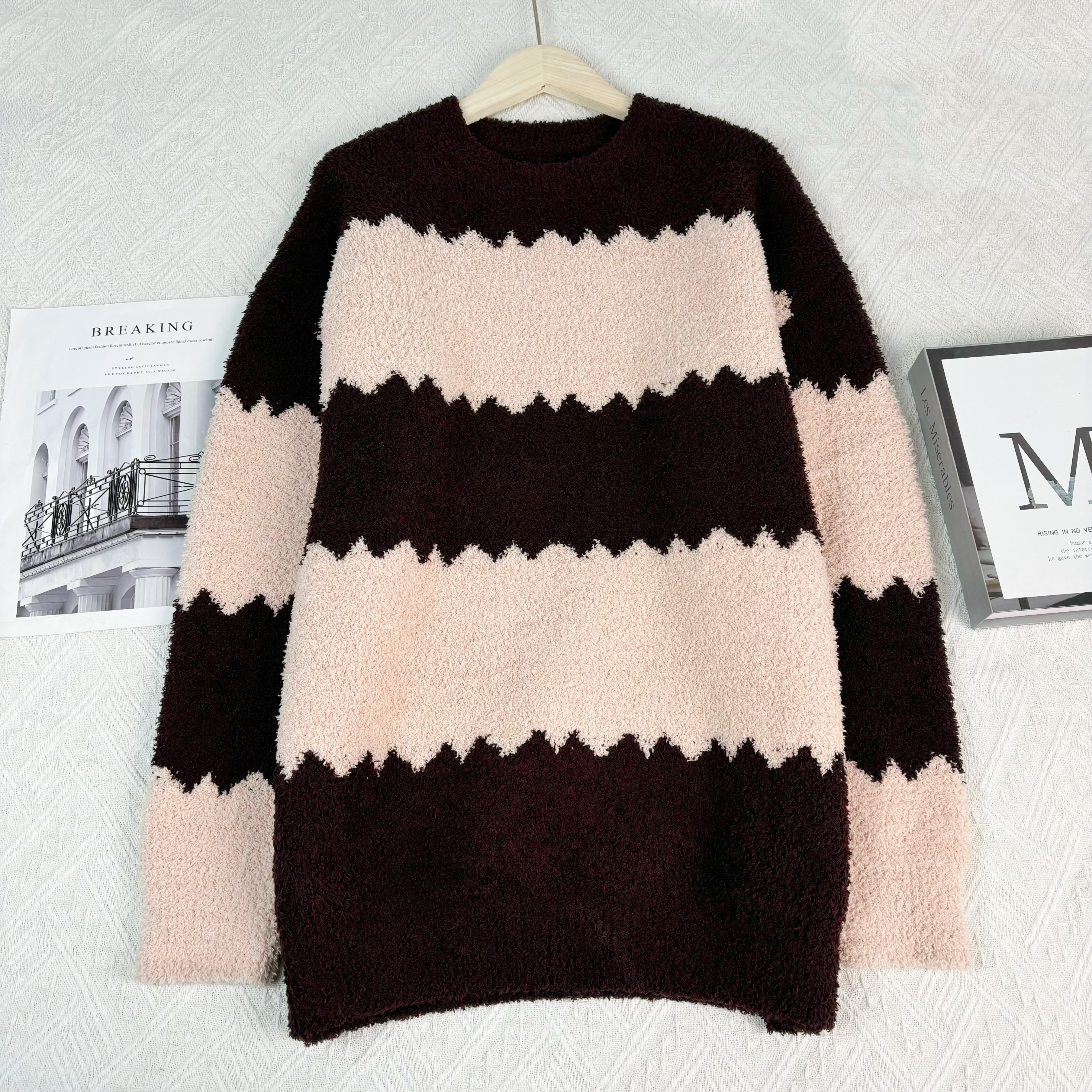 玲姐定制-撞色横条纹款宽松休闲保暖毛绒针织毛衣492917