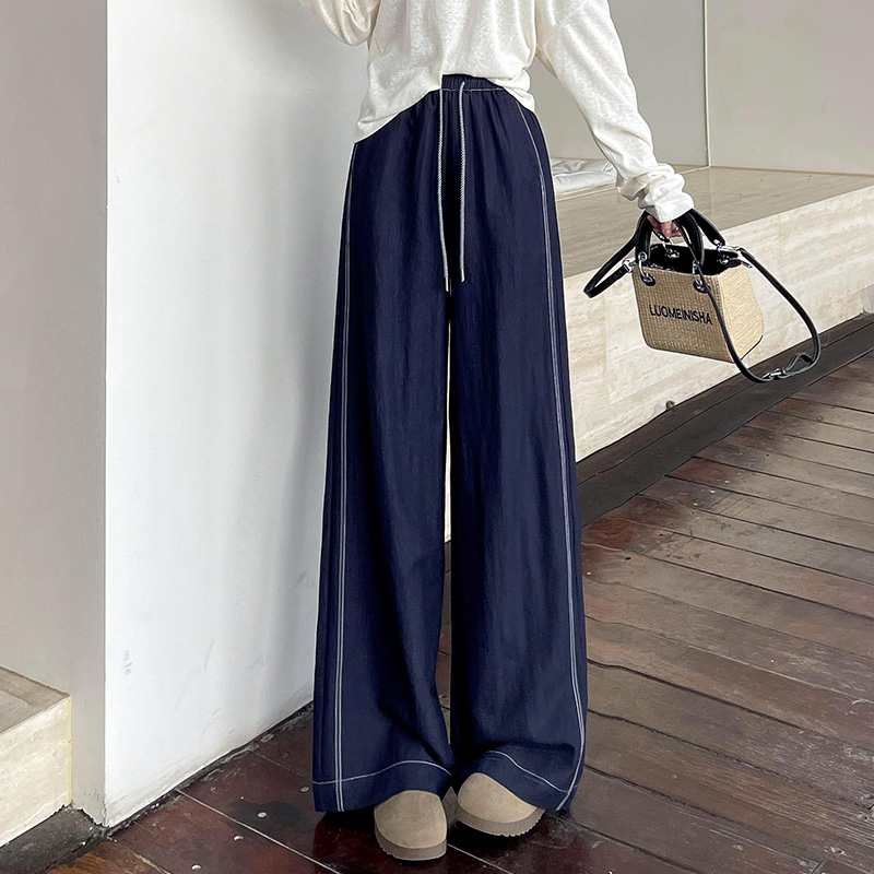 深蓝色阔腿牛仔裤女春秋显瘦宽松高腰垂感夏季抽绳百搭直筒拖地裤