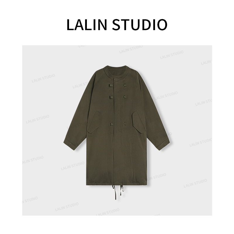 LALIN2025ss长款翻领常规款纯色落肩袖立领简约女毛呢风衣常规