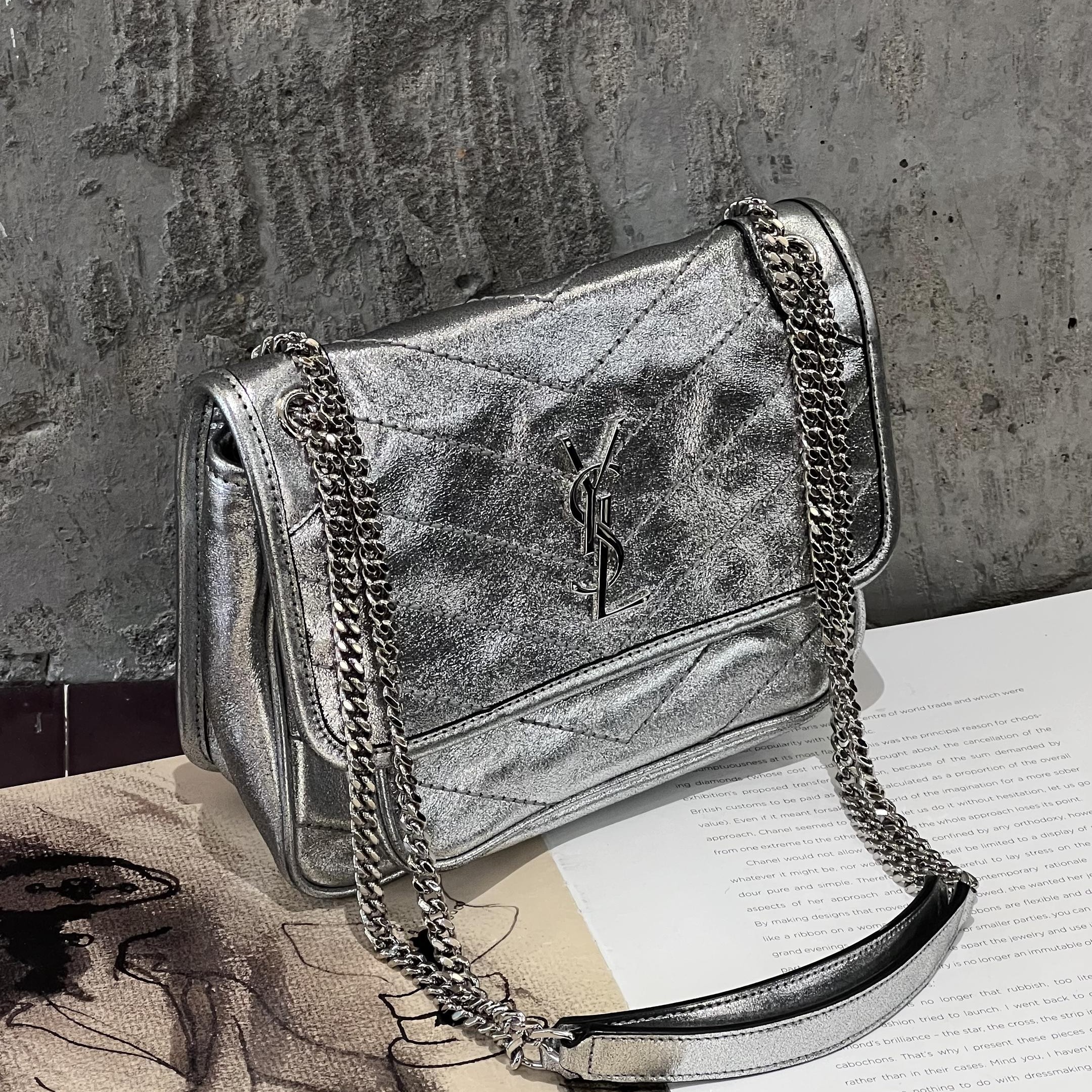99新 YSL/圣罗兰 2663 银色niki单肩包小号