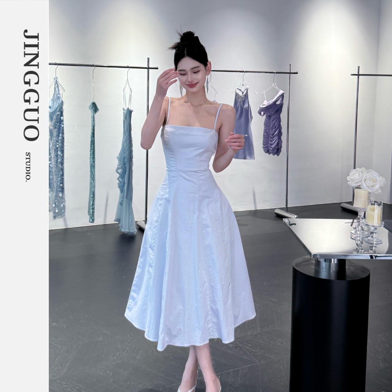 【JINGGUO轻奢】小众设计法式气质浪漫度假风收腰吊带连衣裙7368