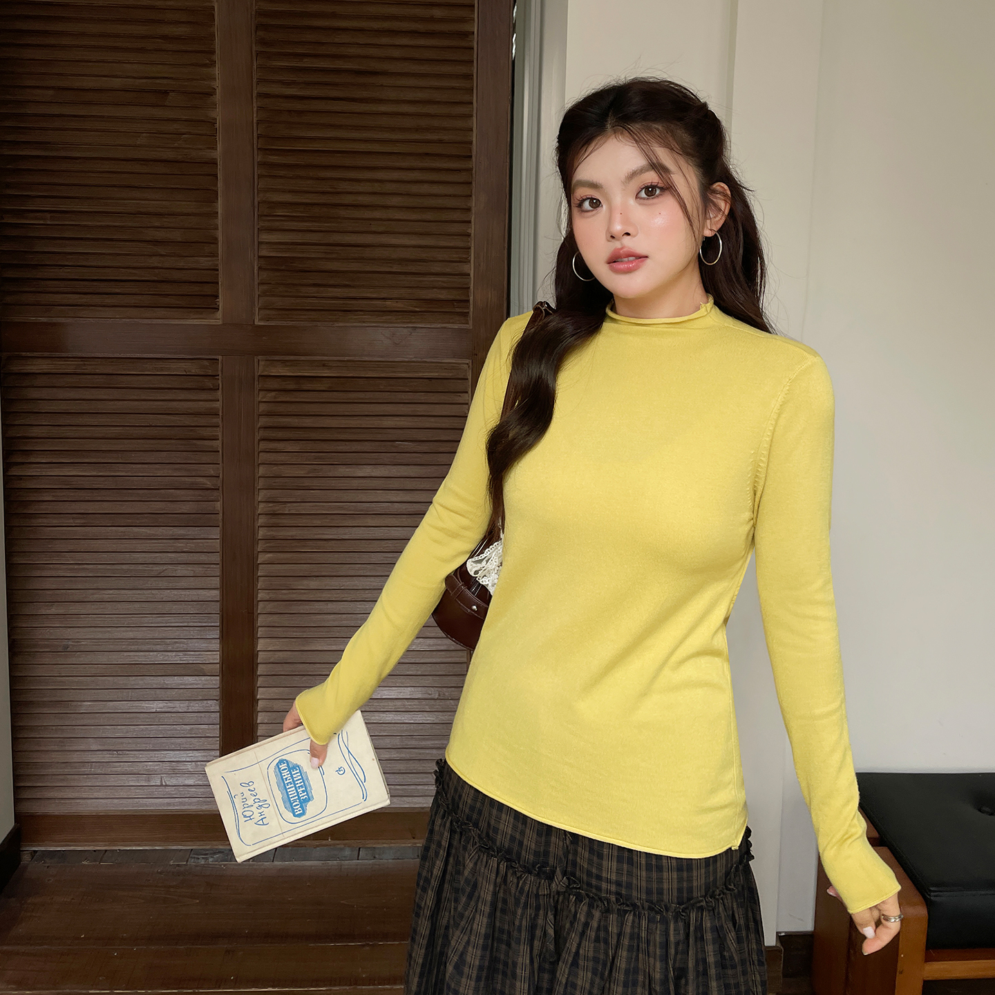 韩系早秋穿搭半高堆堆领针织打底衫上衣大码女装正肩显瘦长袖t恤