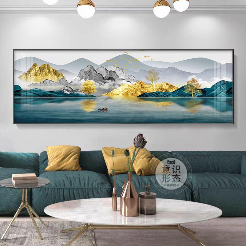 网红大气客沙背发景墙挂壁装画高档轻山水厅饰画现代简奢约背靠金
