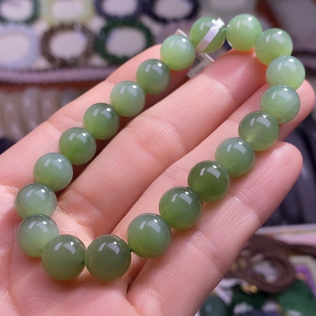 颈饰未镶嵌和田玉冰底粉青碧玉猫眼10mm手串