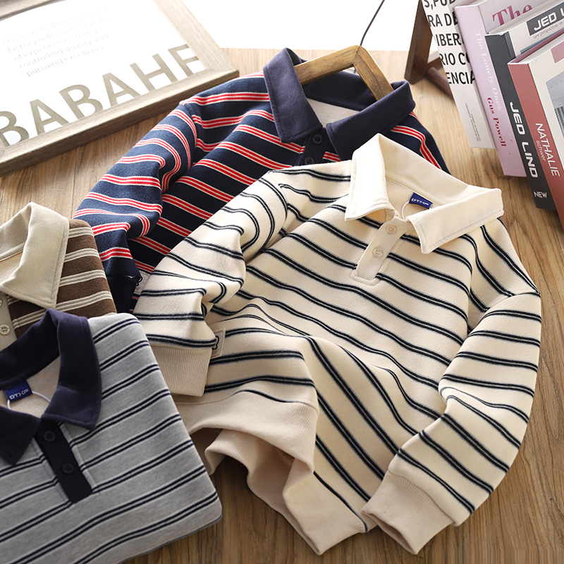 男童加绒卫衣2025秋冬新款儿童时尚条纹帅气POLO衫保暖休闲打底衫