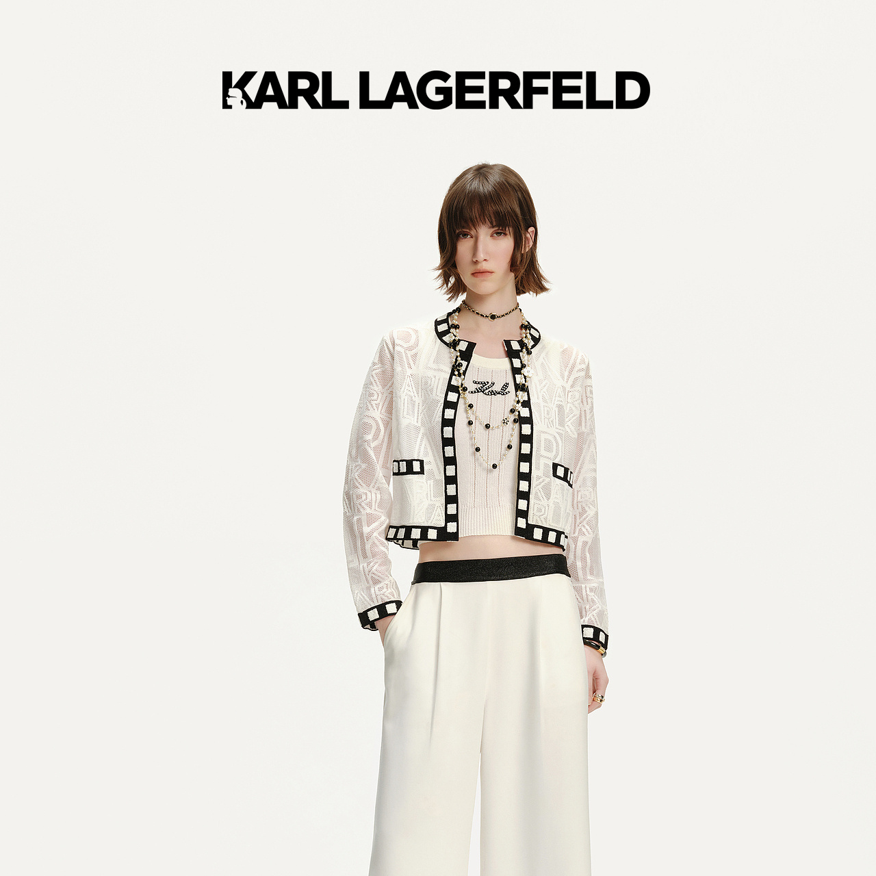 KARLLAGERFELD卡尔拉格斐白色小香风针织开衫外套女装241L2049