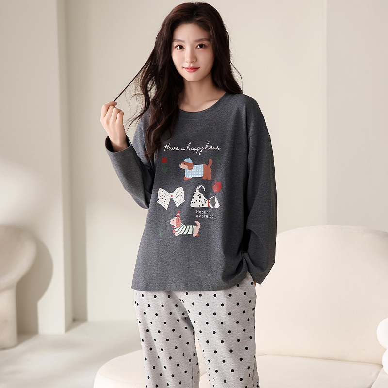 春秋圆领家居服长裤秋季睡衣长袖家居服套装女士