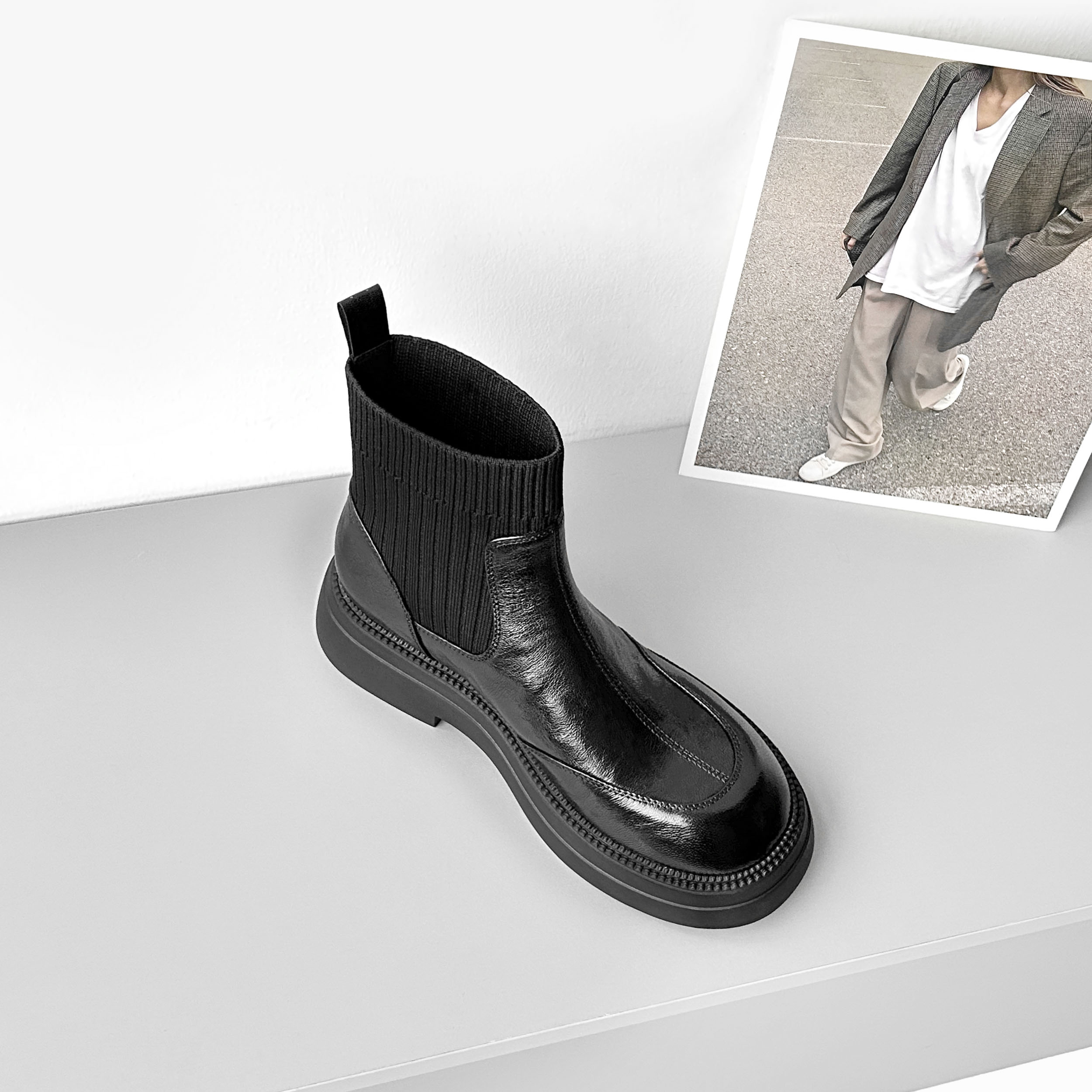 【现货F828】4cm牛皮厚底增高短靴女冬百搭加绒显瘦弹力袜靴英伦