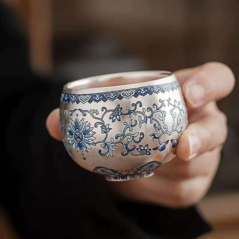 鎏银福意青花主人杯高端中式个人专用杯古风功夫茶具1011