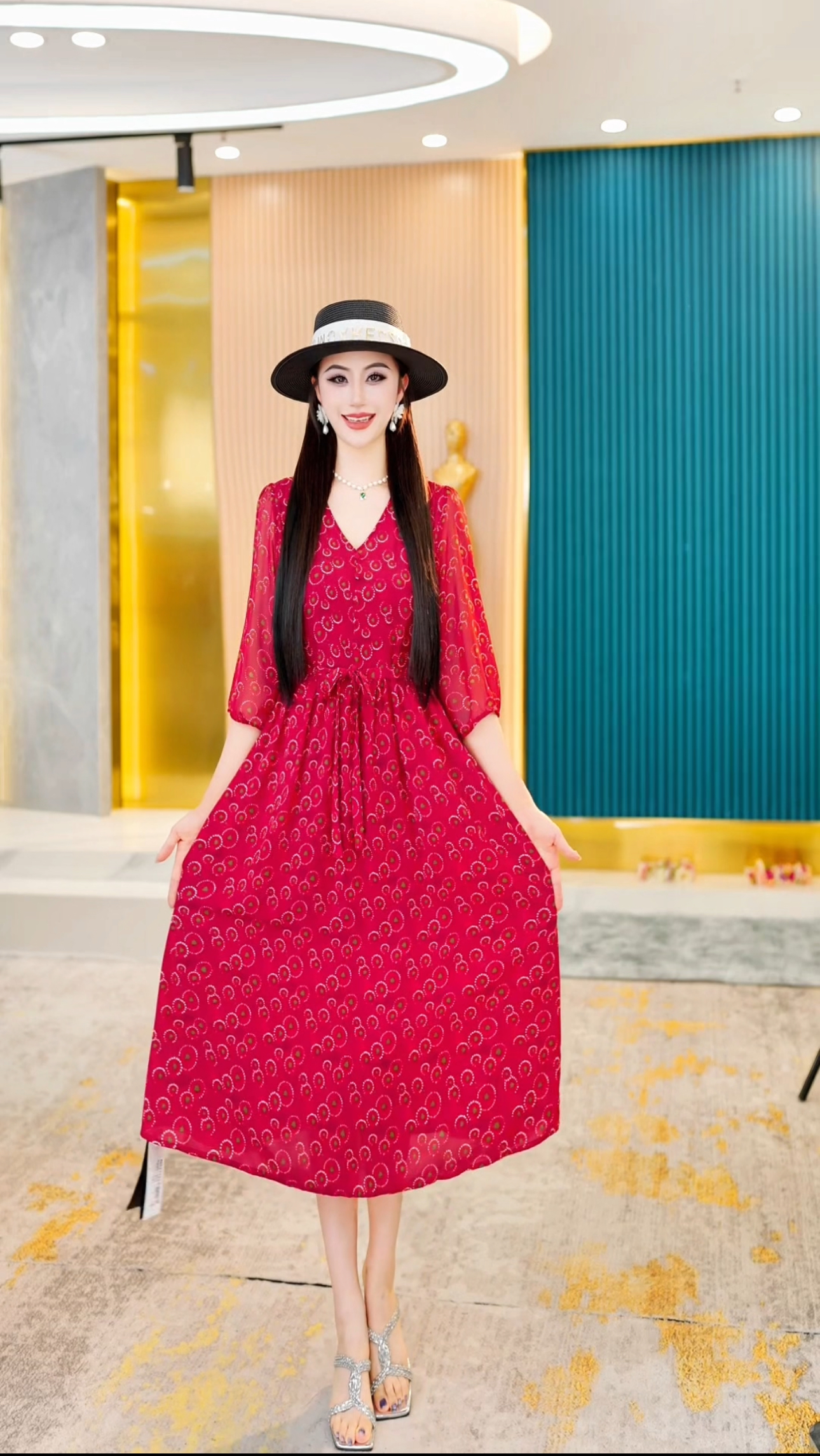 【贵妃红】气质显瘦连衣裙女新款高级感穿搭时尚洋气印花长裙AD1027