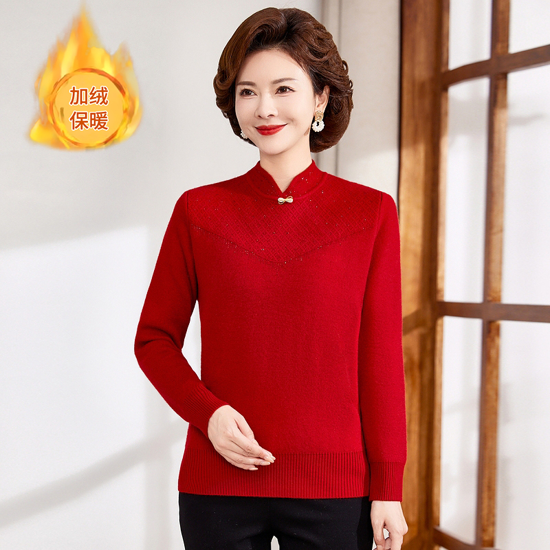 秋冬妈妈加绒新款毛衣洋气打底中老年女装针织衫加厚保暖针织上衣