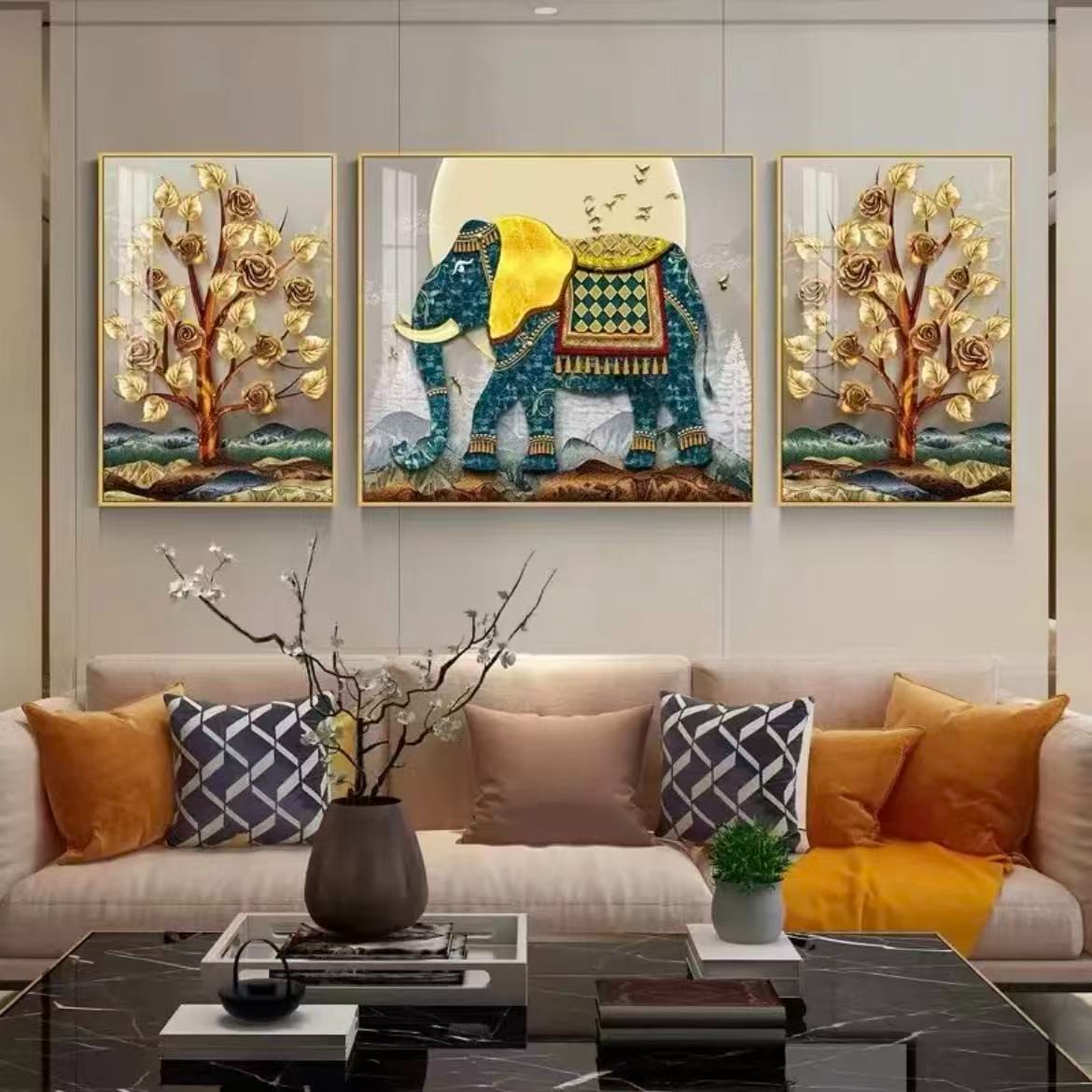 三联【吉祥如意】沙发画闪粉画面客厅装饰画晶瓷装饰画捡漏