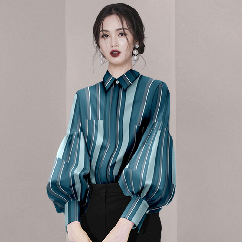 春季2025新款欧美流行条纹衬衫女时尚灯笼袖衬衣洋气上衣