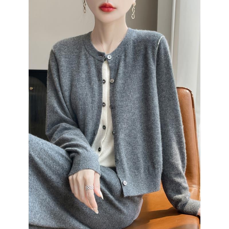 100%纯羊毛女士圆领开衫假两件羊毛上衣D295