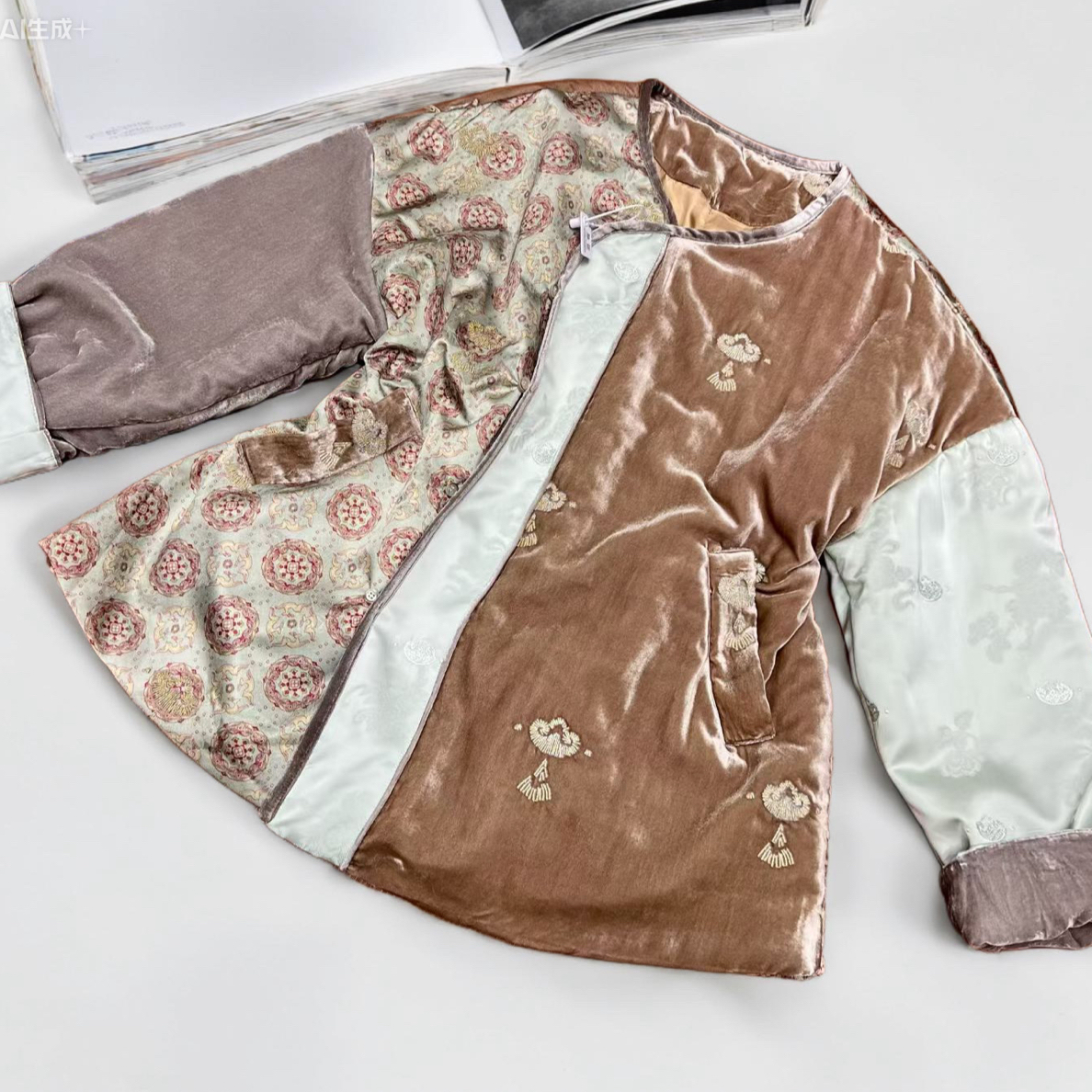 5778秋冬新款新中式国风重工刺绣圆领宽松拼接撞色提花棉服外套女