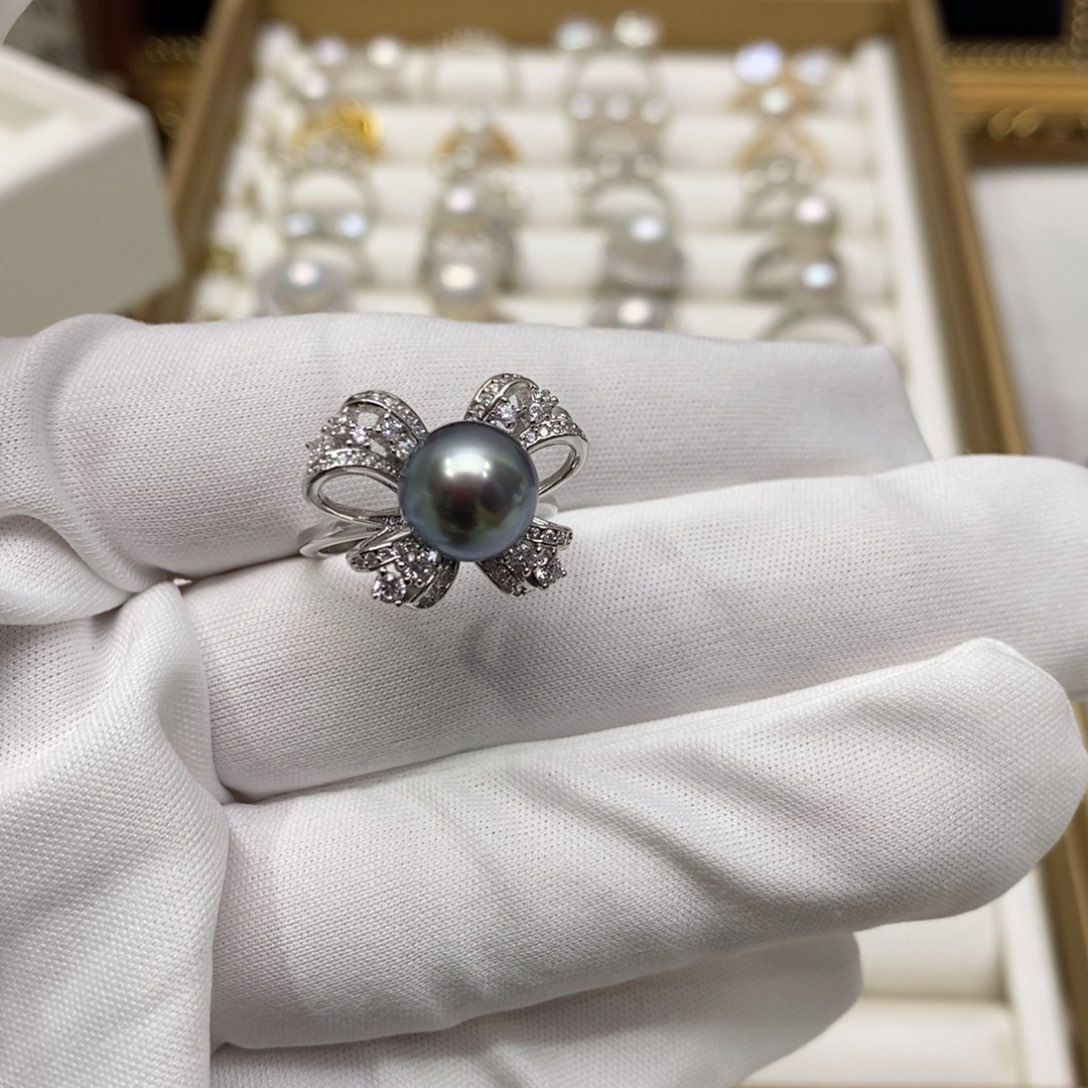 海水珍珠戒圈银S925镶嵌9-10