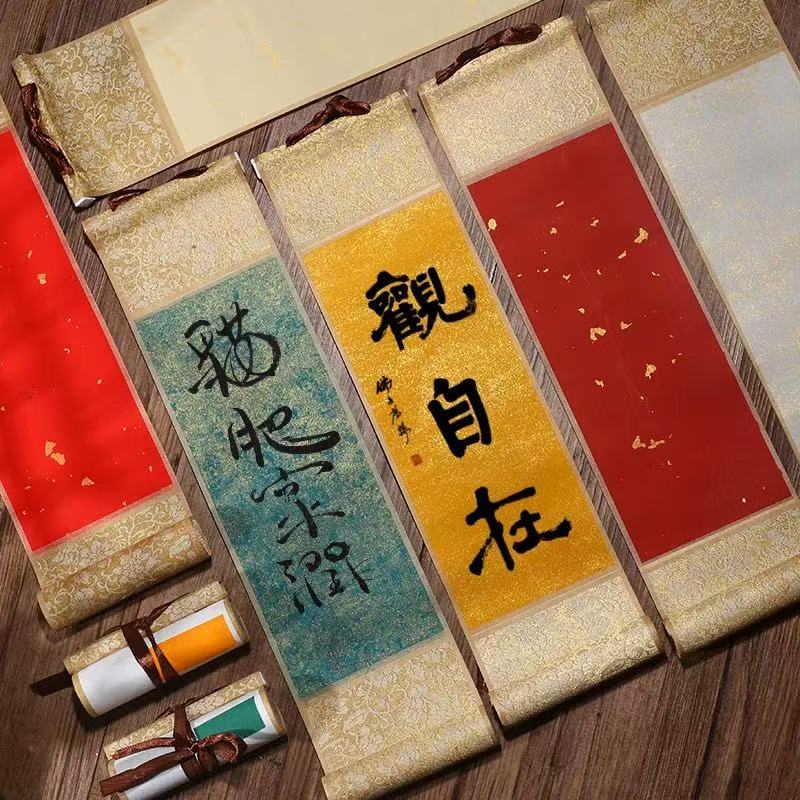 10个混装【迷你小挂轴】宣纸半生半熟蜡染宣纸小挂轴卷轴小手绢
