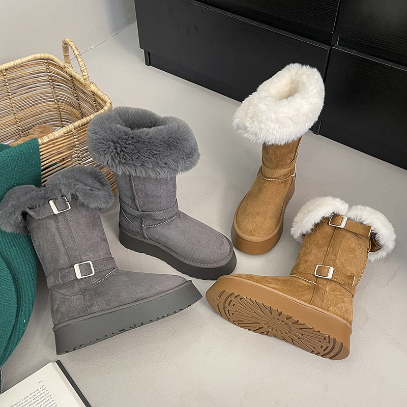 长筒时尚雪地靴皮扣显腿细雪地靴棉靴短筒厚底中筒百搭真皮加绒