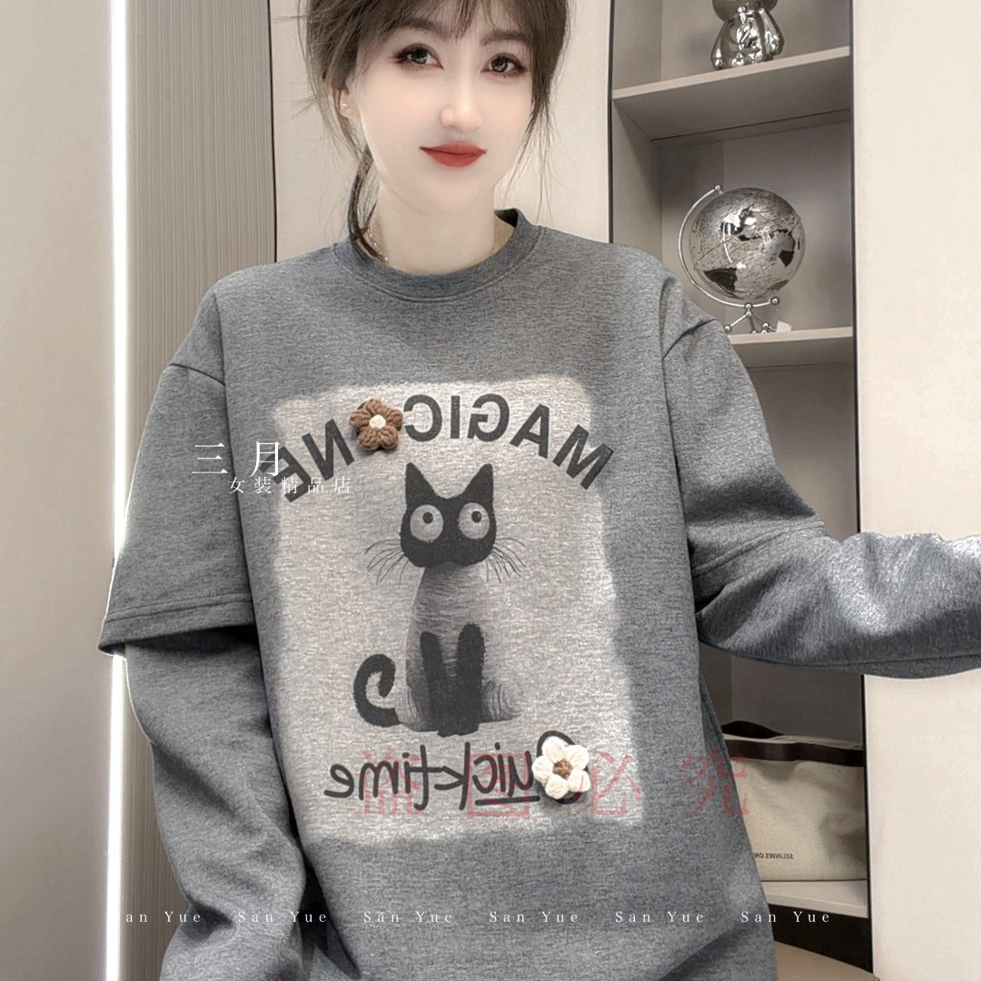 2025秋冬新款体恤女长袖假两件大logo休闲百搭（30464）