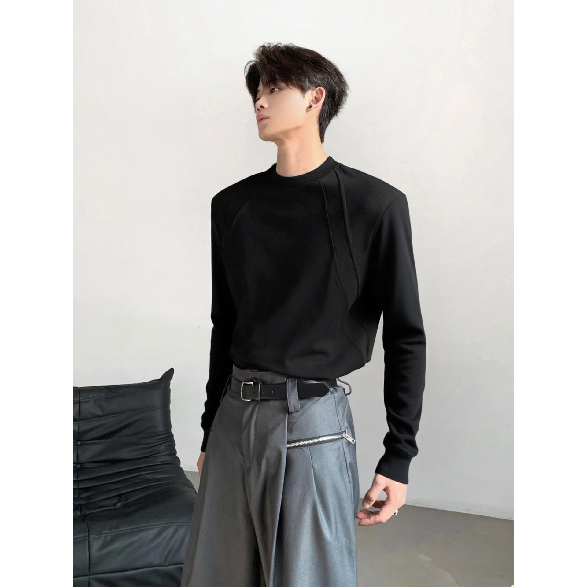 美式重磅解构拼接长袖t恤男秋季boxy版型无帽卫衣黑色内搭打底衫