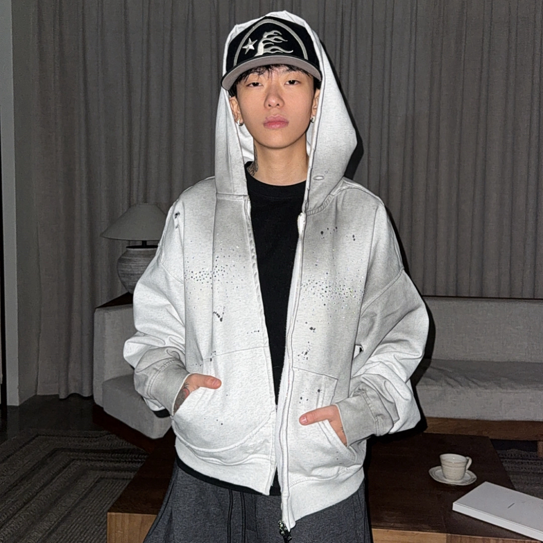 HITO STORE 烫钻破坏做旧毛圈boxy拉链卫衣