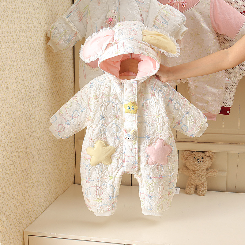 冬款夹棉兔耳朵外出服冬季加绒加厚连体婴儿宝宝衣服哈衣长袖