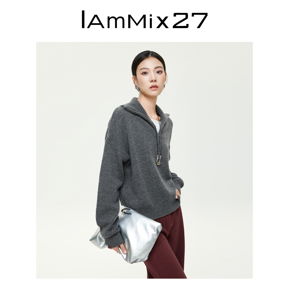 Iamx27全绵羊毛套头彩色绗线点缀拉链POLO领毛衫Z5C5023