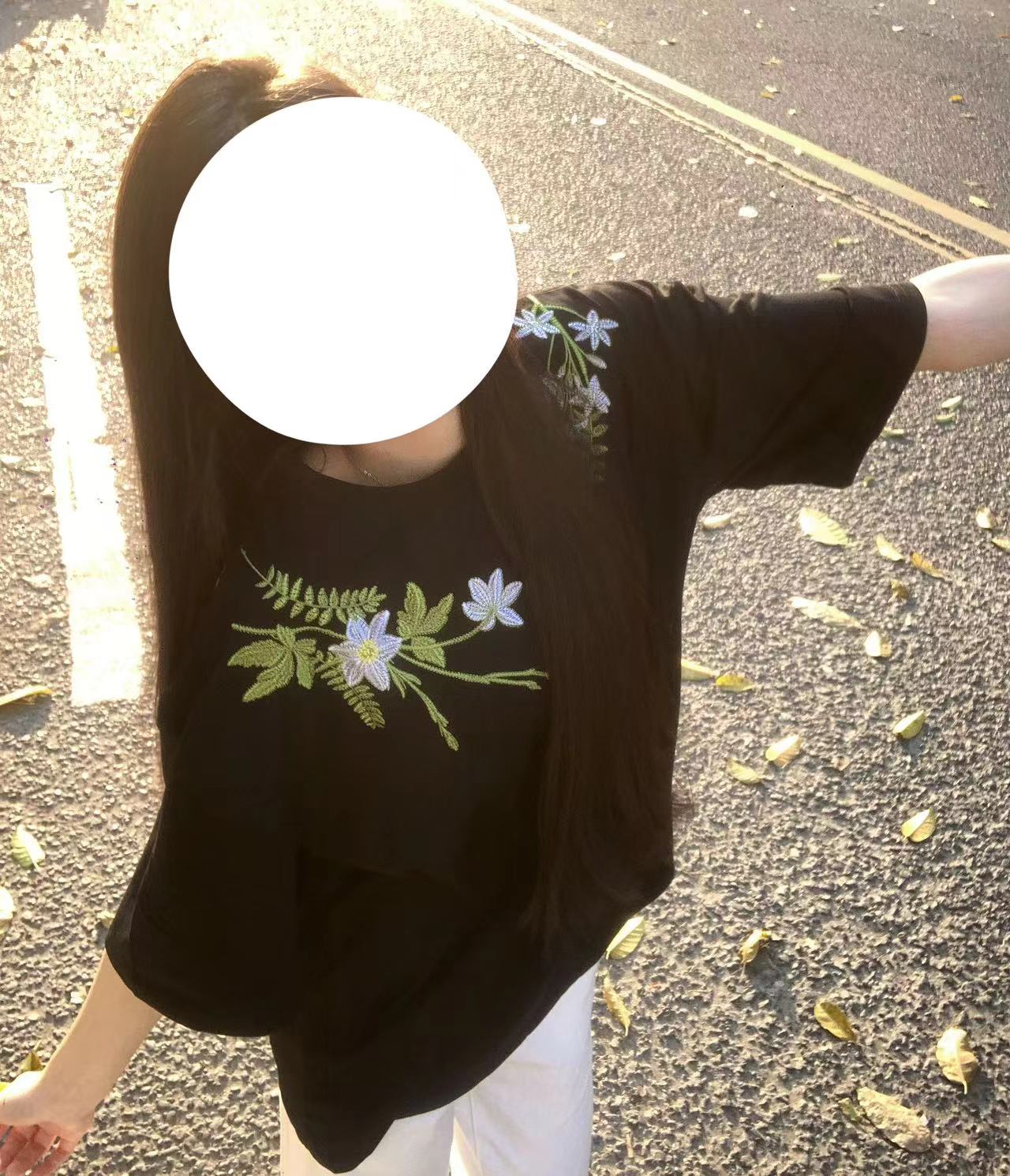 高街风常规短袖宽松型刺绣T恤国风夏季复古绣花套装圆领