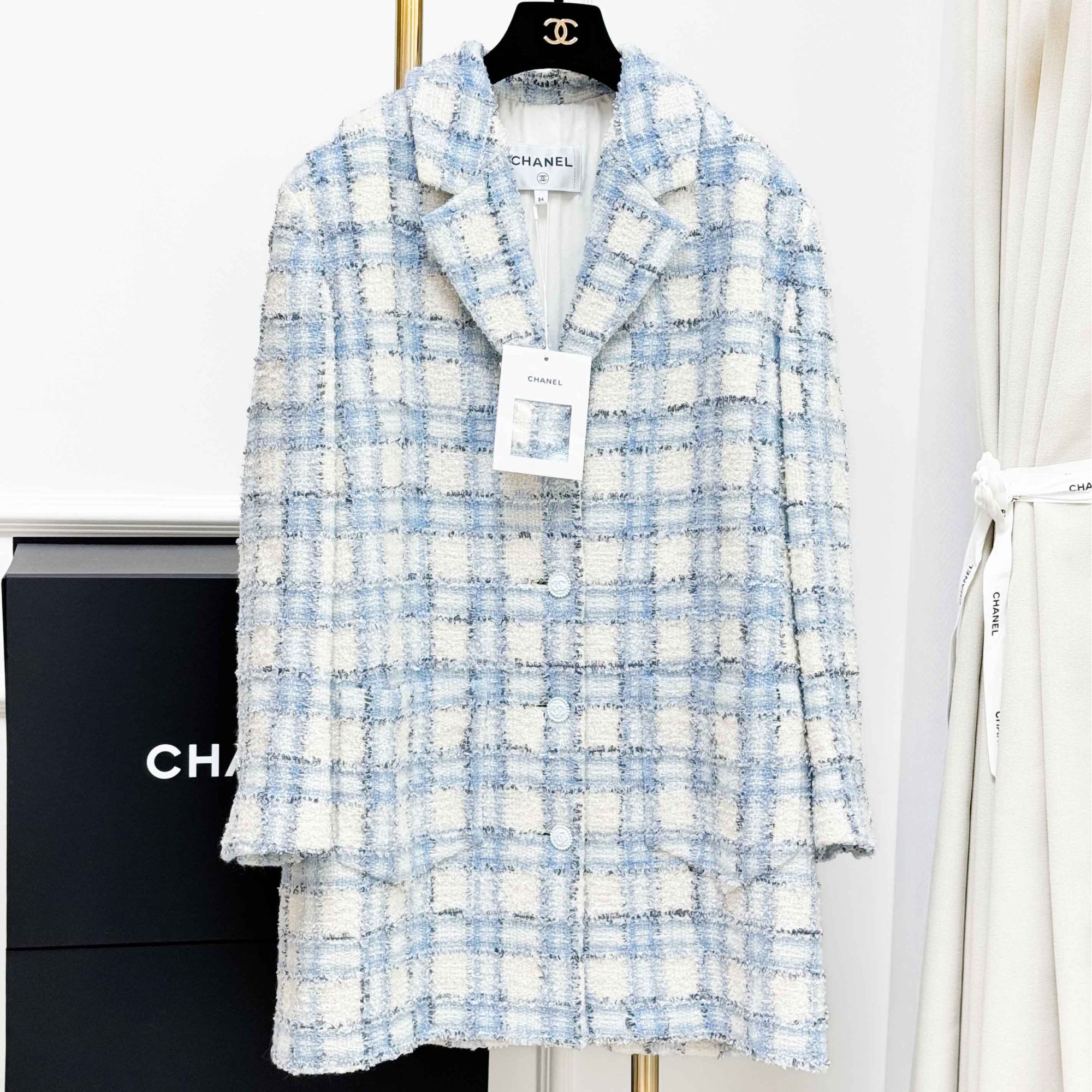 99新 Chanel/香奈儿  34码22B秋冬预告蓝白格子软呢廓形外套