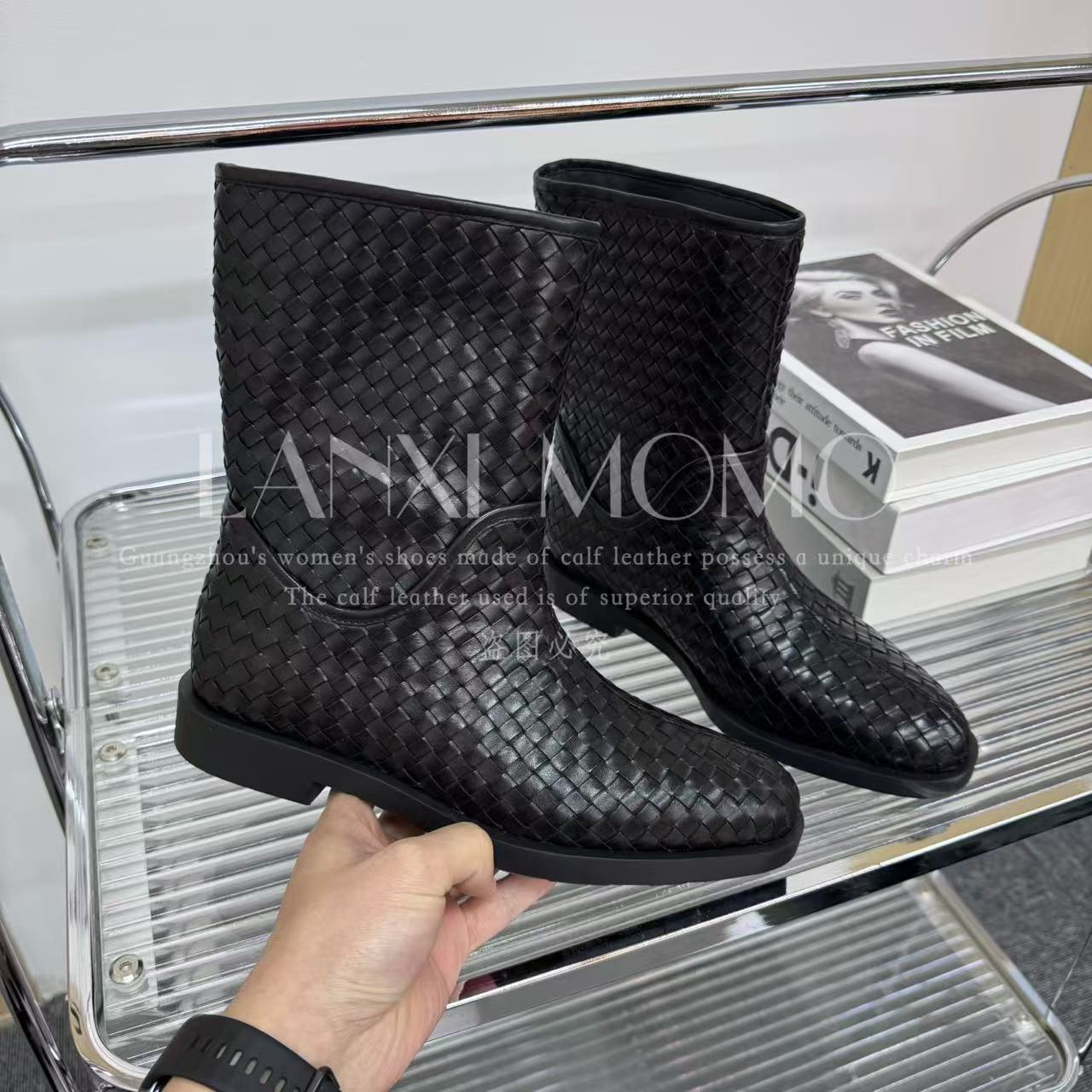 【LANXI MOMO】 时尚百搭黑色真皮方跟英伦风复古编织短靴25XZ801LX