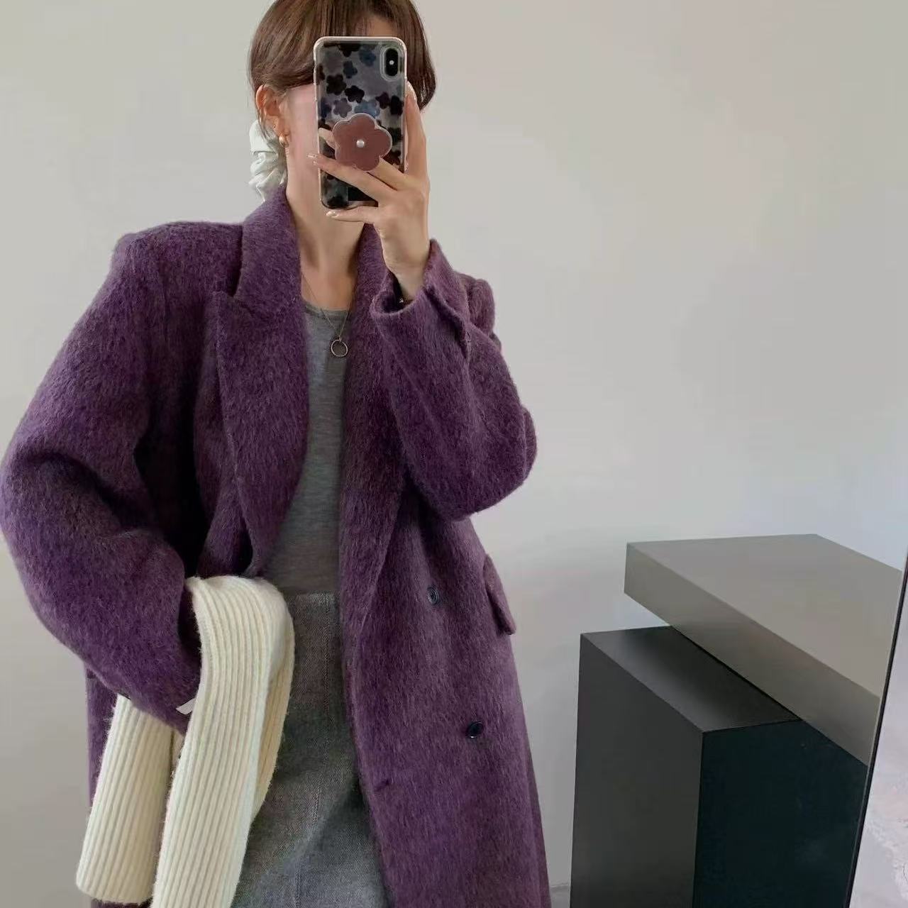 YMDAYI韩版秋冬正肩过膝加厚双面羊毛垫肩宽松气质西装时尚大衣