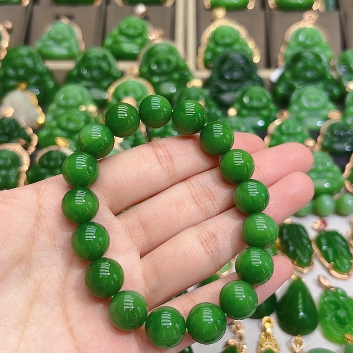 和田玉（碧玉）手串未镶嵌12m阳绿单圈