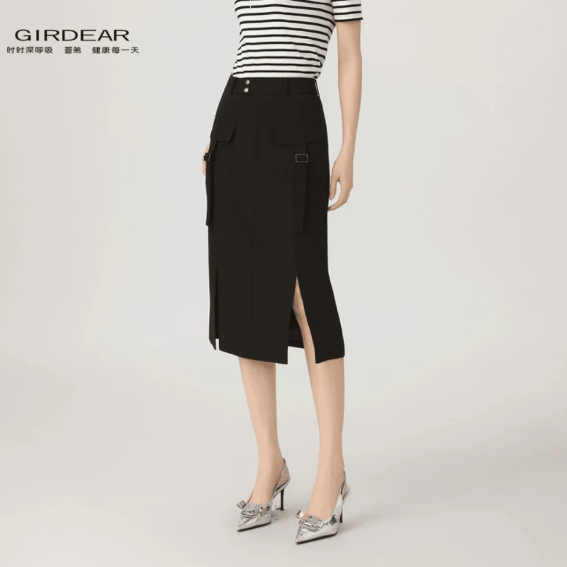 GIRDEAR/哥弟时尚简约百搭工装潮 酷设计感开叉高腰半身裙120014