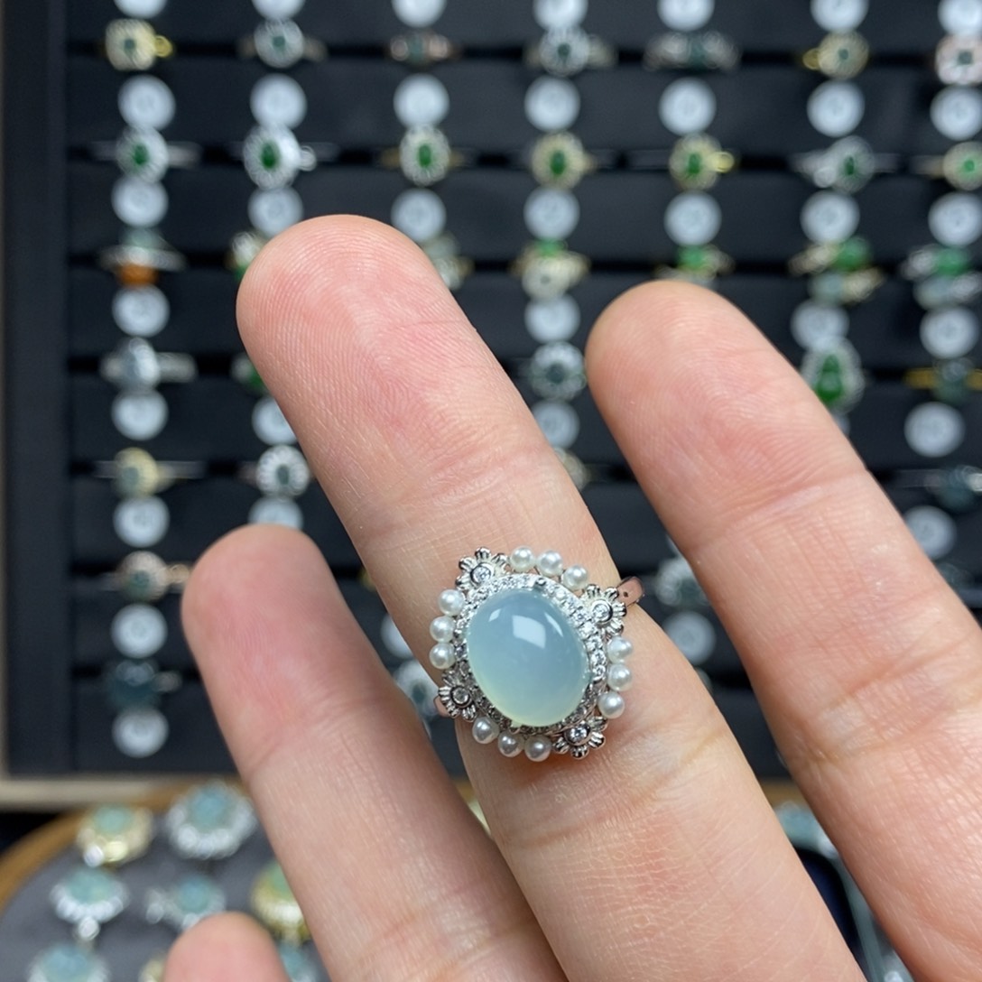 岫玉银S925镶嵌戒指天青冻