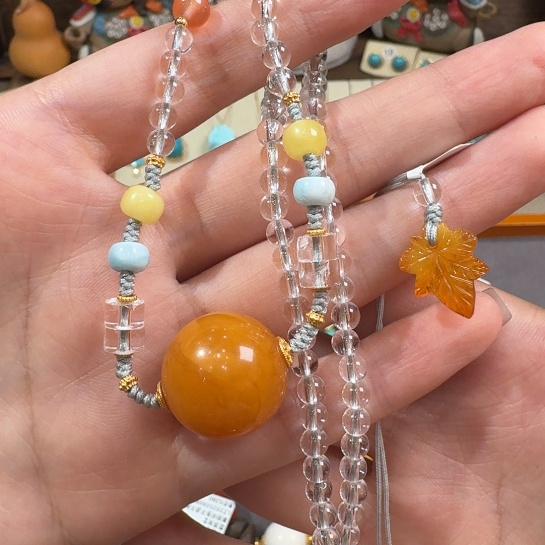 蜜蜡项链银S925镶嵌蜜蜡白水晶