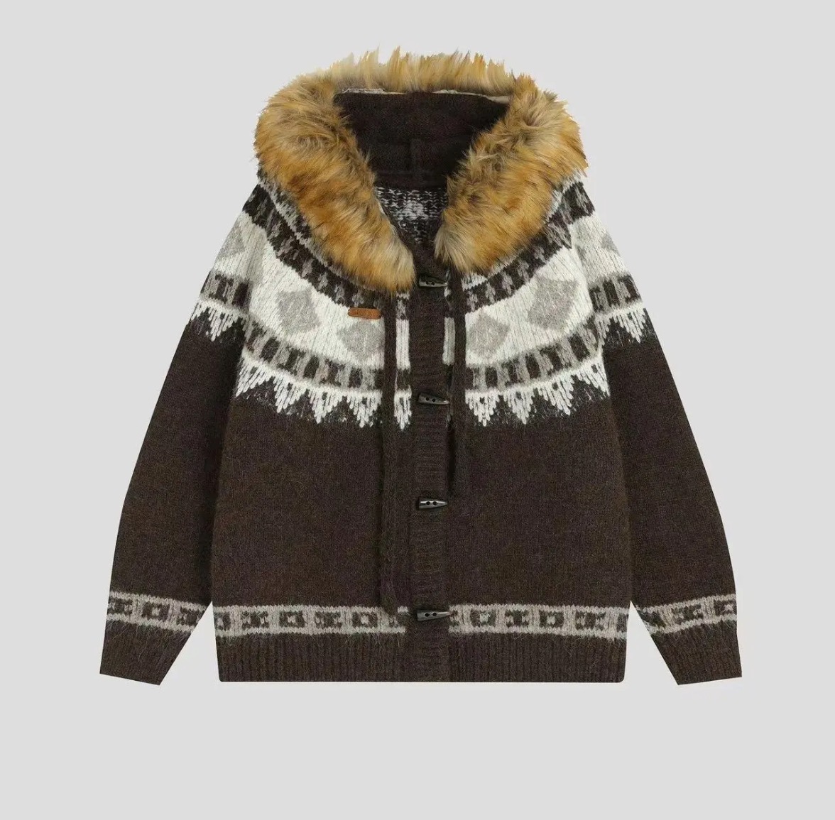 费尔岛牛角扣针织衫毛衣男女秋冬小众设计感美式复古毛领连帽外套