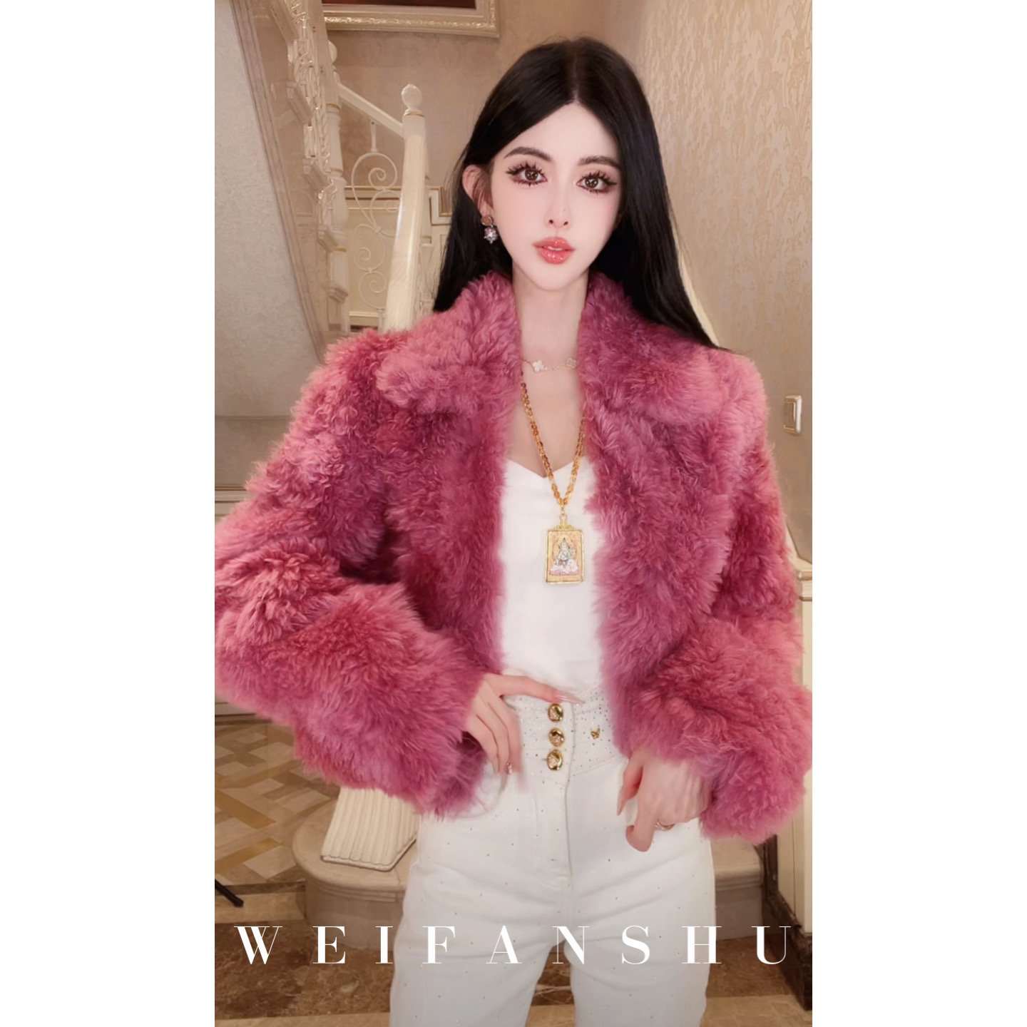 WEIFANSHU/魏凡舒【晨曦玫瑰】秋冬新款短款托斯卡纳羊毛羊皮外套