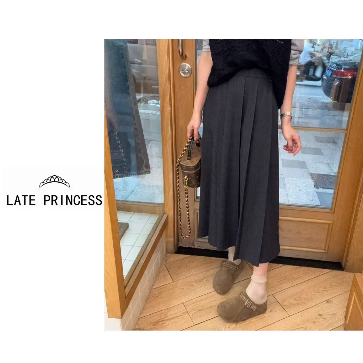 LATE PRINCESS【沫里】2025秋季新款深灰色显瘦百褶裙半身裙