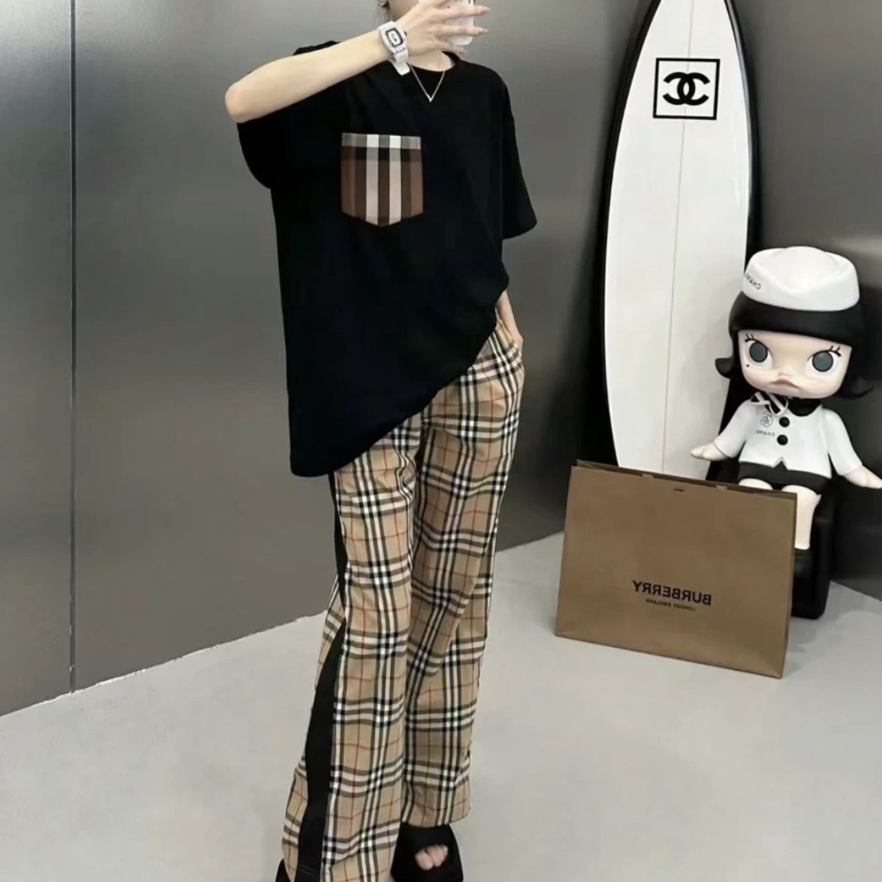 99新 BURBERRY/博柏利 ss64/经典款黑边格纹长裤 uk4码 棉