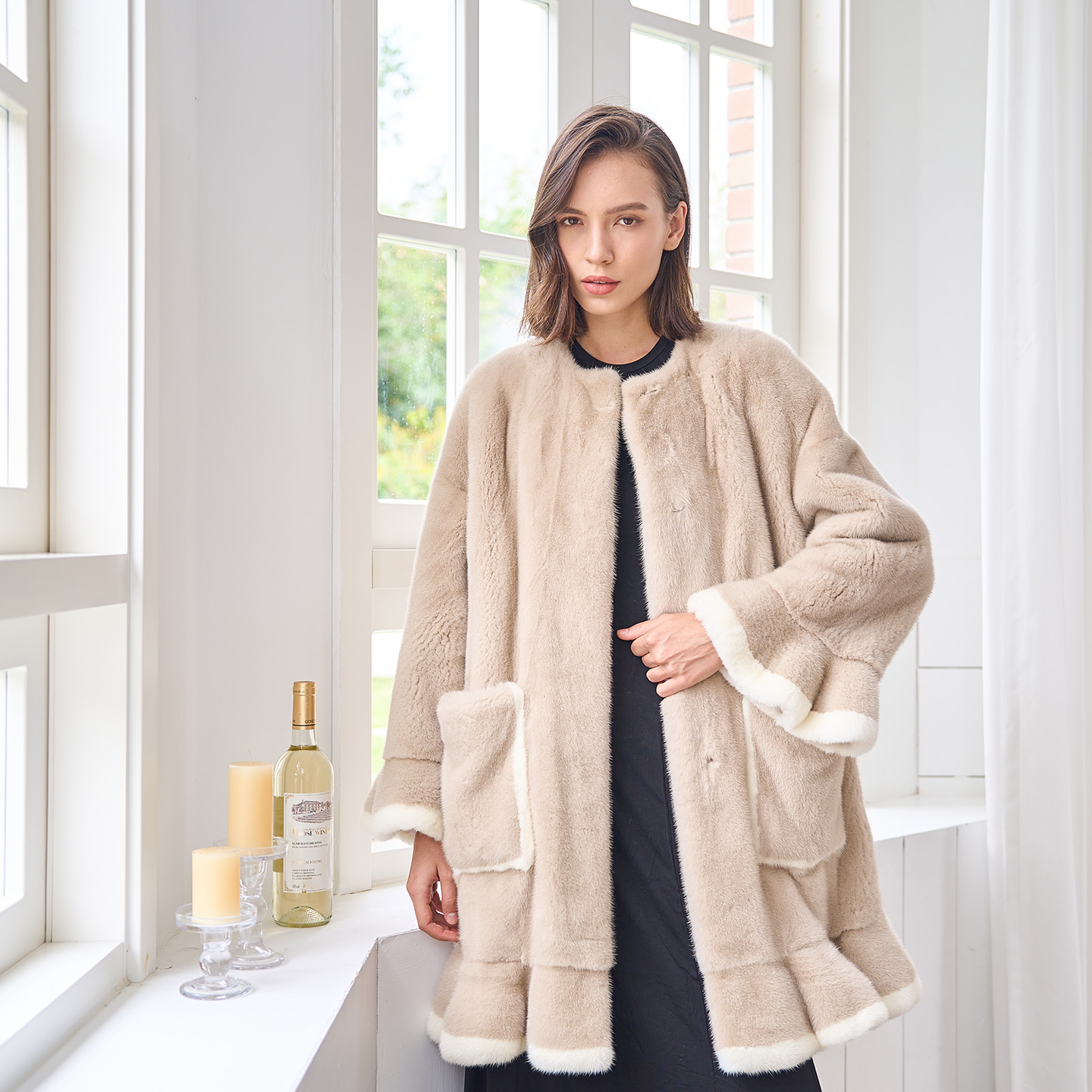 RMM「小美好」圆领中长款进口貂皮大衣 紫金级 水貂皮草外套