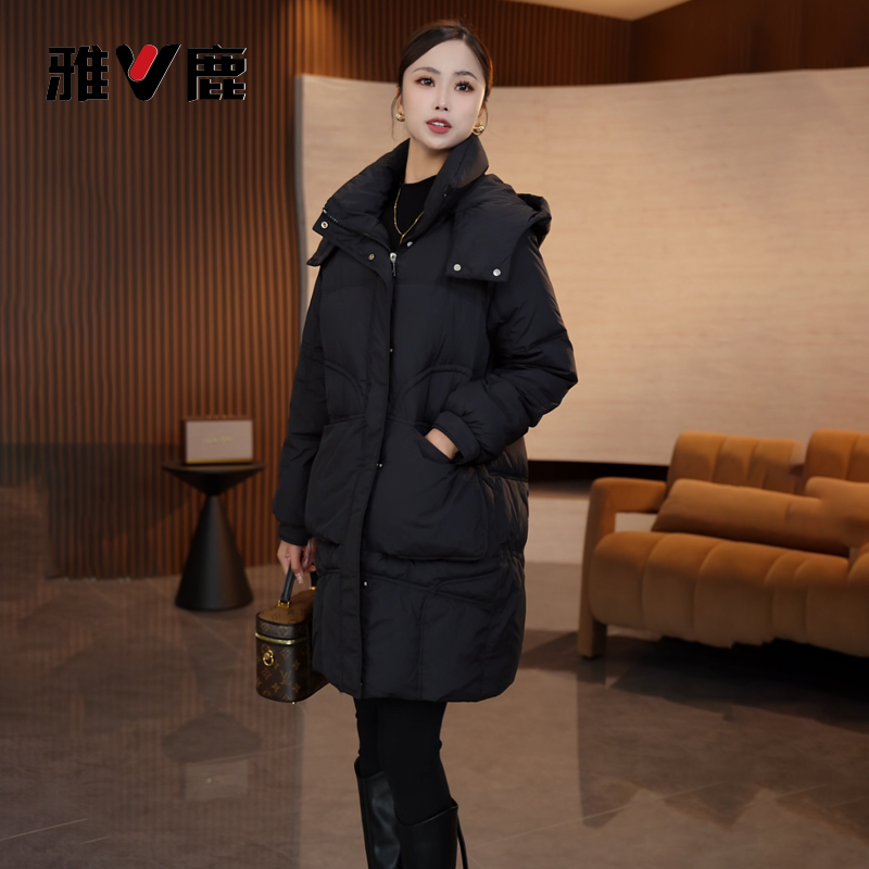 雅鹿【可脱卸帽】冬季新款加厚保暖宽松连帽女士中长款羽绒服外套女