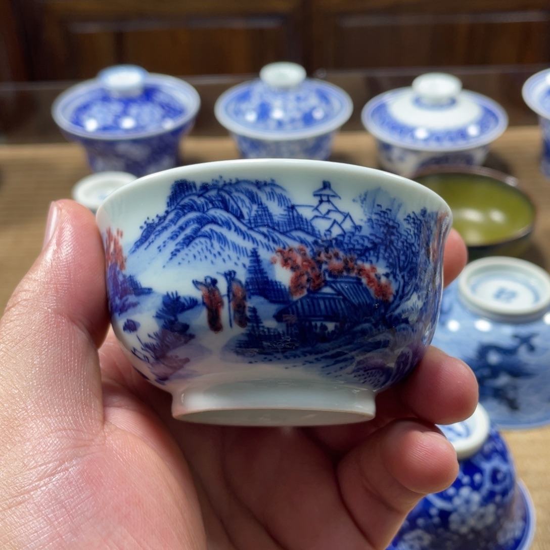 御色窑青花釉里红山水杯