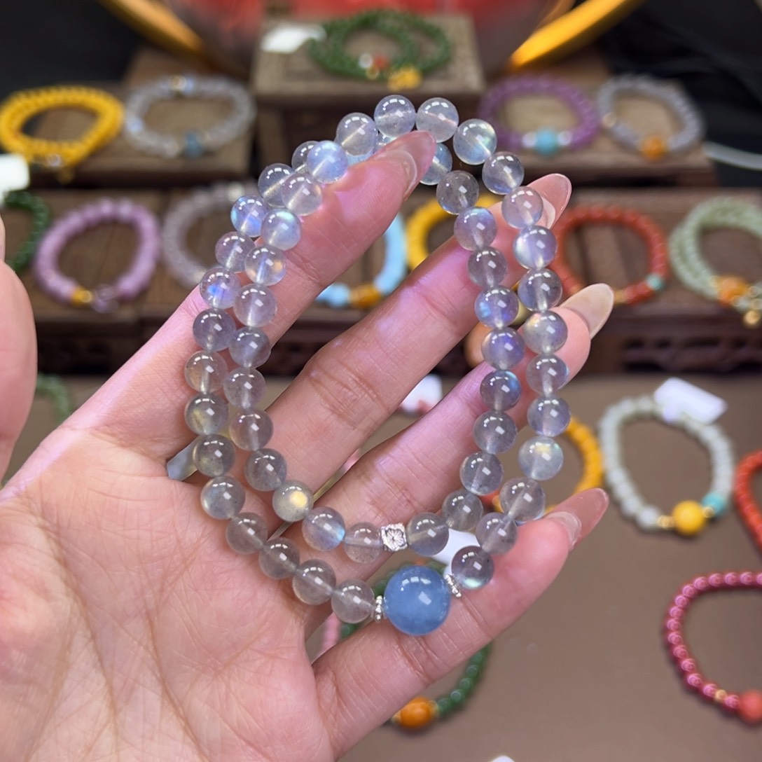 长石手链银S925镶嵌双圈