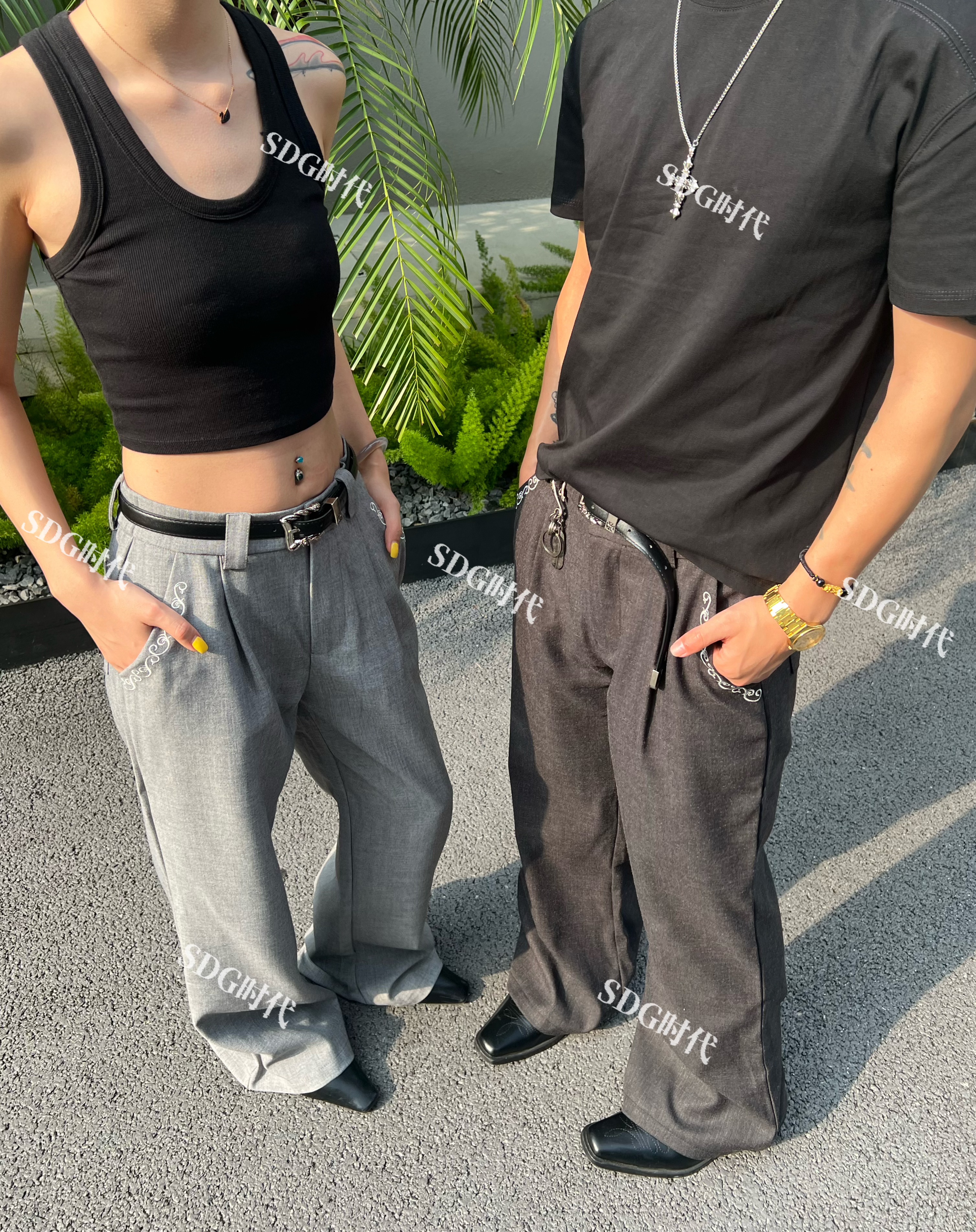 SDG-刺绣老钱风微喇西服长裤休闲裤男女同款中腰百搭四季显瘦时尚