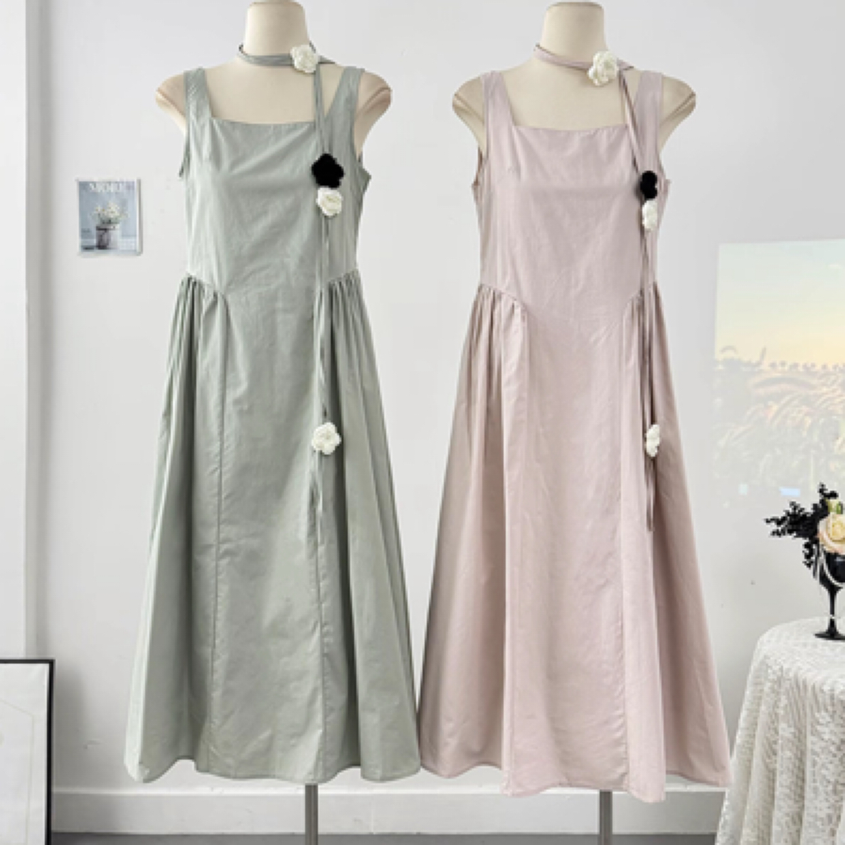 扣号直播间吊带高腰A字褶皱裙